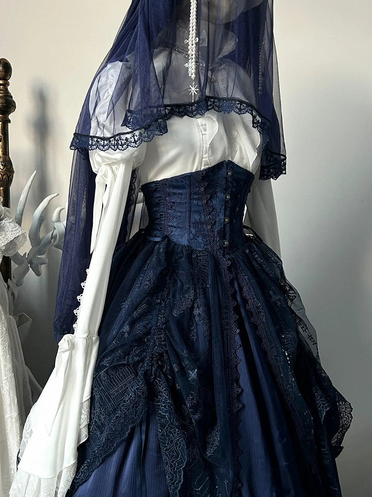 Dunkelblauer Gothic Lolita Korsettgürtel mit Kathedralen-Overlay im Kordelzug-Design