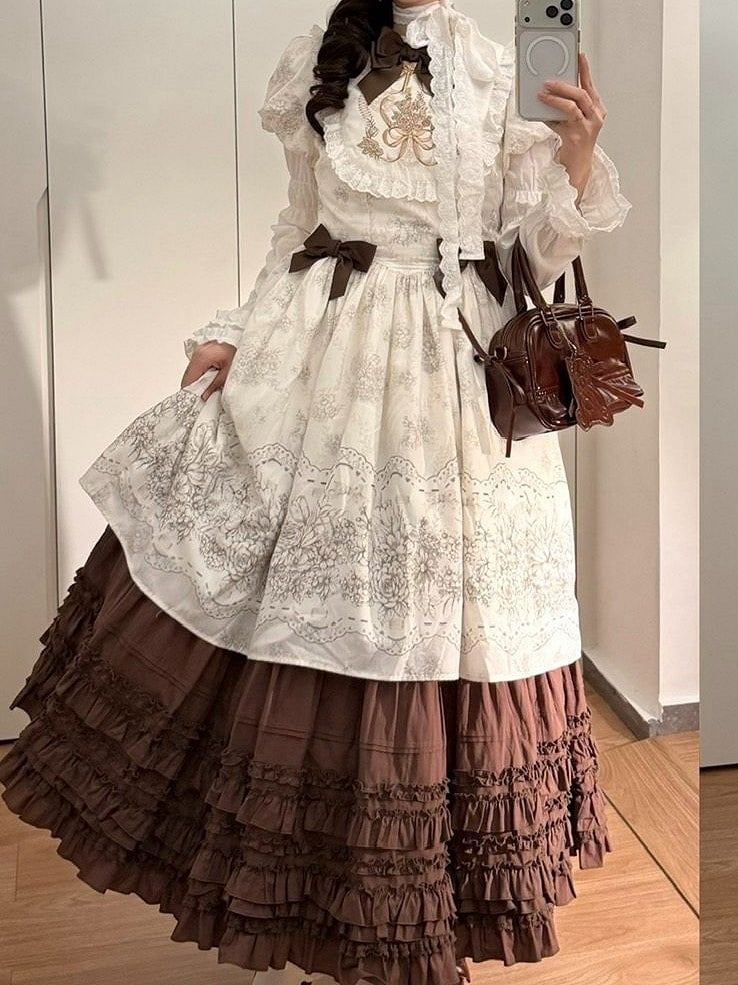 Cotton Multi-Layer Brown Hem Lolita Loose Elegant Skirt Ruffled