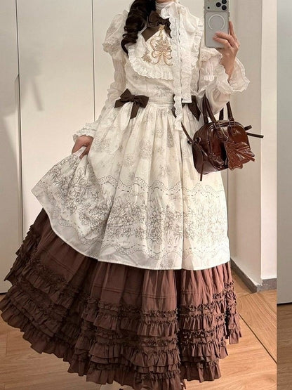 Cotton Multi-Layer Brown Hem Lolita Loose Elegant Skirt Ruffled