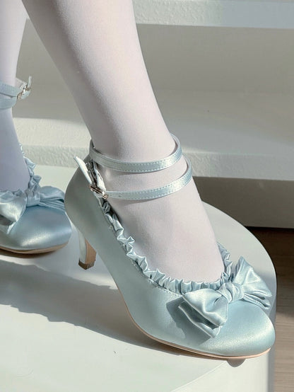 Trim Lolita Ruffles Sophisticated Blue Satin Straps Mid - Heels Convertible with Ankle