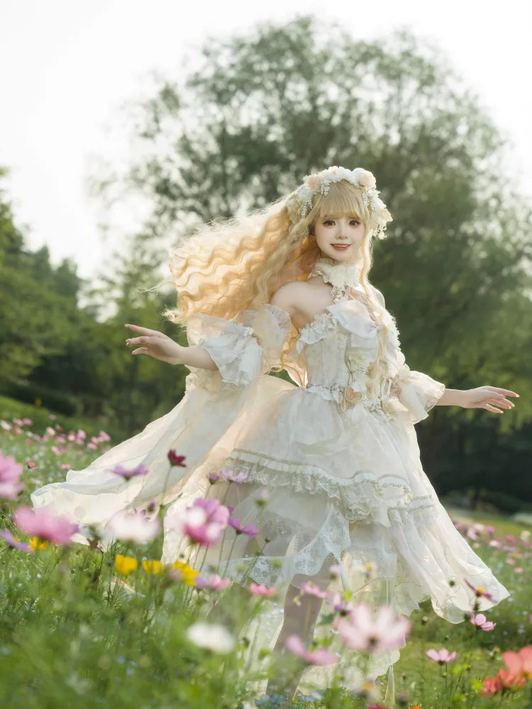 Lolita Fairycore Kleid JSK Beige Volles Design Prinzessin und Set Schmetterling Blumen