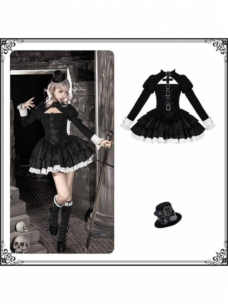 Gothic Lace-Up Lolita OP Gown with Metal Buckle, Short Version and Mini Hat Set - With PUJI