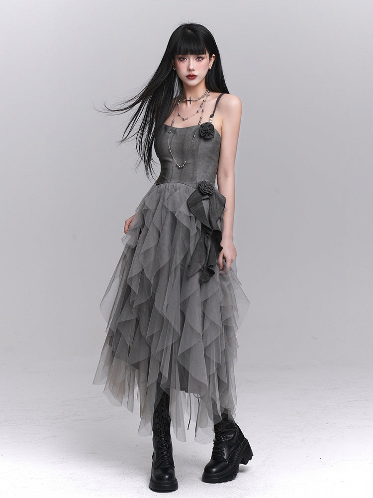 Gothic Rose Gray Accents Slip Tulle Dress Ruffles with Cascading