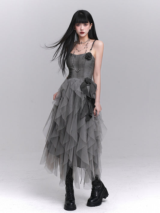 Gothic Rose Gray Accents Slip Tulle Dress Ruffles with Cascading