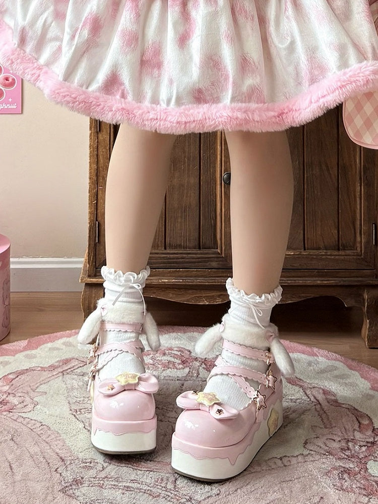Strap with Pink Lolita - PU Detachable Sweet Puppy Mary Plush Ear Platform Janes Velcro Starry Ankle Theme
