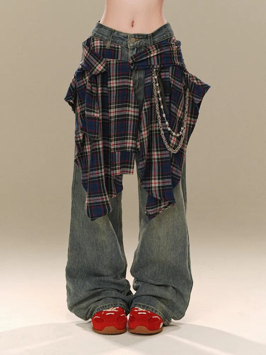 for S Accessory with Cut - Plaid Clearance Waist Wide-leg 64CM Jeans Size Blue