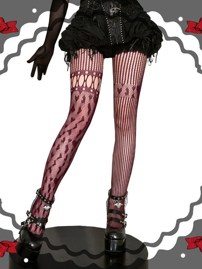ブラック/レッド/ホワイトハート柄アシンメトリーフィッシュネットタイツ