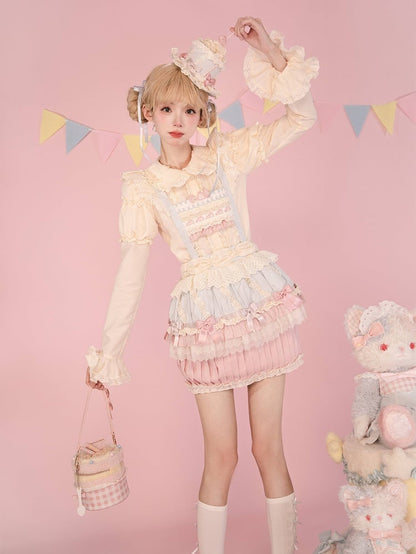 Pink Blue Hem Cupcake Overall and Skirt Bodice Sweet Strawberry Embroidery Cake Lolita