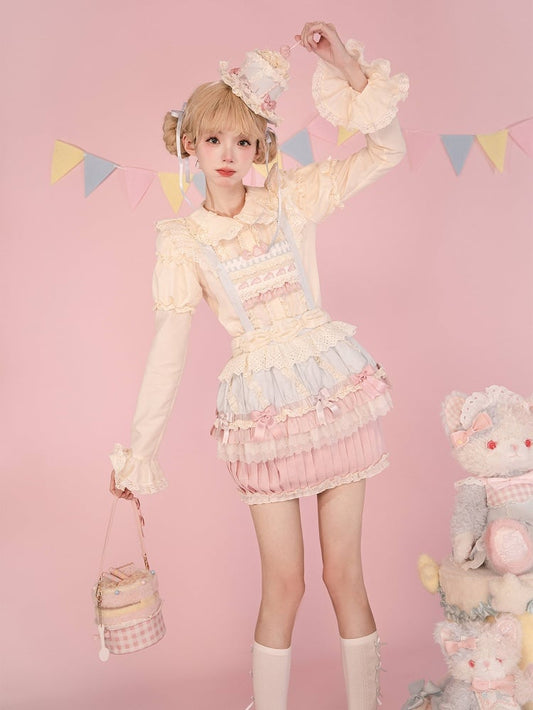 Pink Blue Hem Cupcake Overall and Skirt Bodice Sweet Strawberry Embroidery Cake Lolita