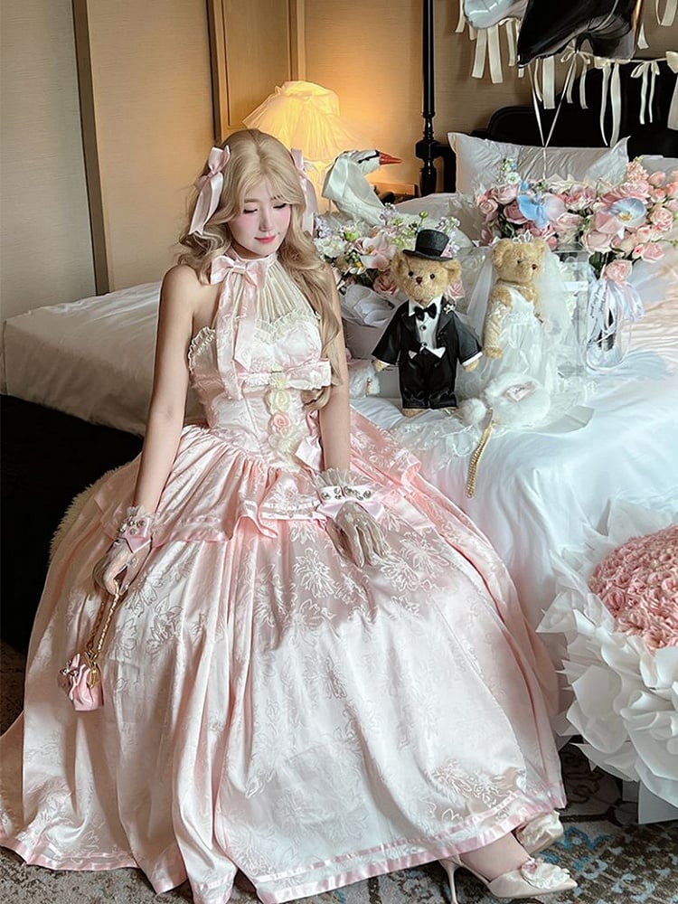 Accents Pink Floral Tie Gown Halter Satin Neck Ball and with