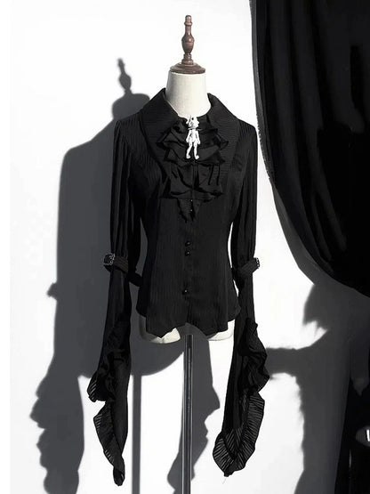 Black Pointed Shirt Flat Lolita Gothic Collar Long Available Sizes Plus Sleeves Layered