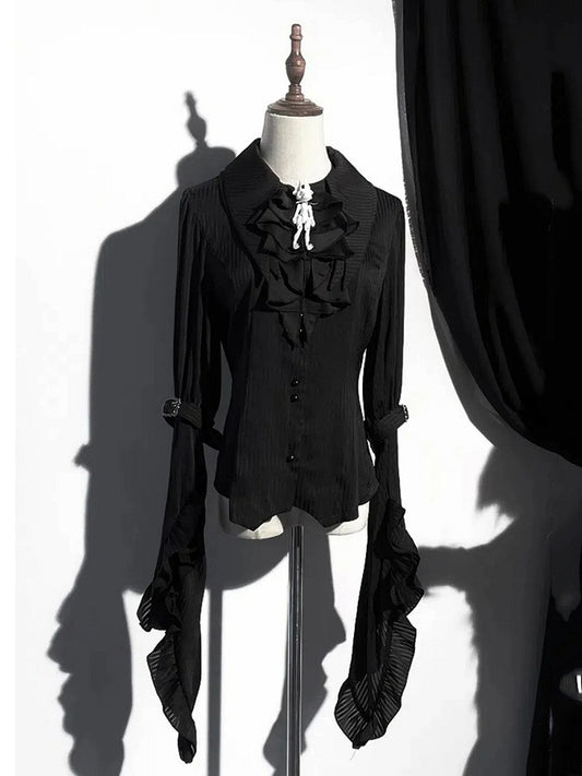 Black Pointed Shirt Flat Lolita Gothic Collar Long Available Sizes Plus Sleeves Layered