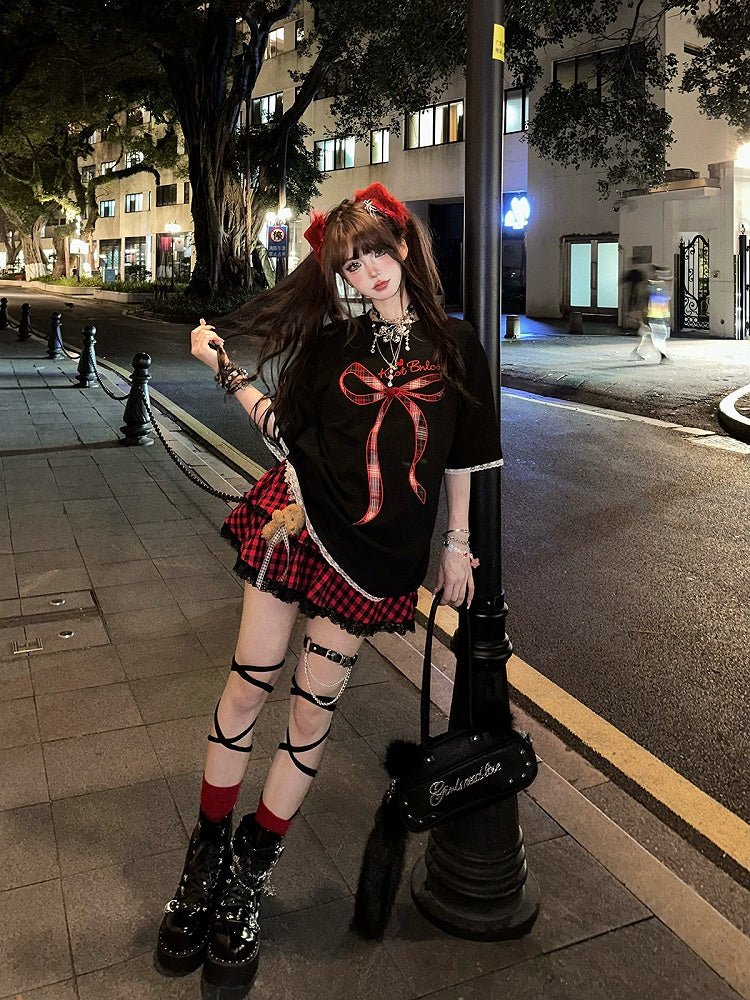 Black Oversized Lace-Trim T-Shirt with Embroidered Lettering  Plaid Bow Accent