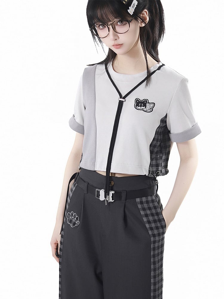 Patchwork Design Plaid Techwear Cropped T-Shirt Gray Colorblock Design