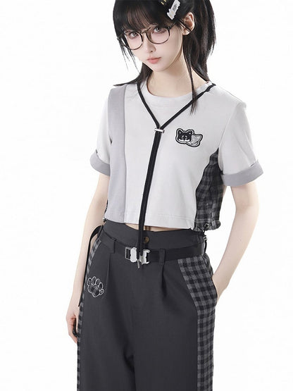 Patchwork Design Plaid Techwear Cropped T-Shirt Gray Colorblock Design