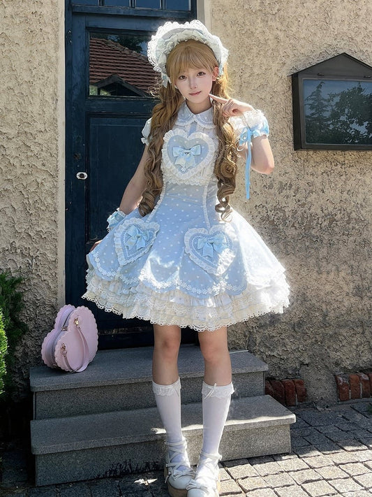 White Dot Applique Dress Sweet Accents with Blue Bow Polka Sweetheart Lolita Heart