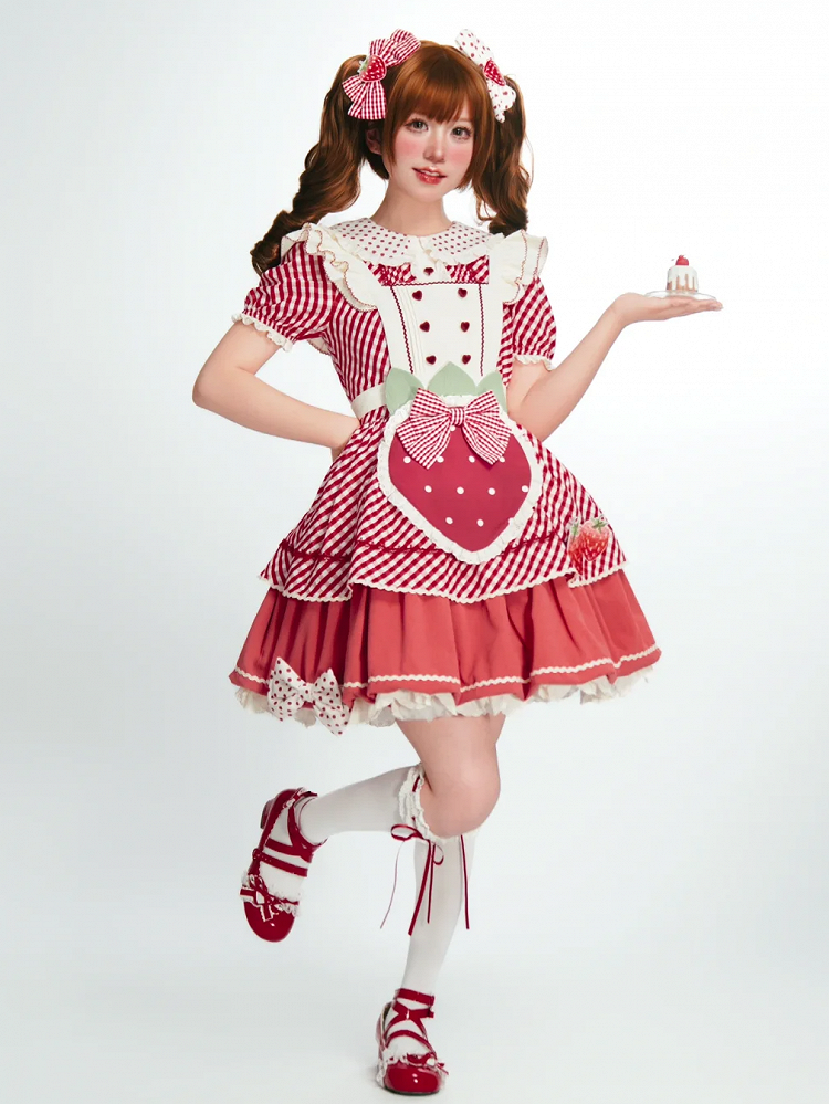 Kleid mit kariertem Lolita-Kragen, Peter-Muster, Erdbeer-Pfanne, süße rosa Schürze