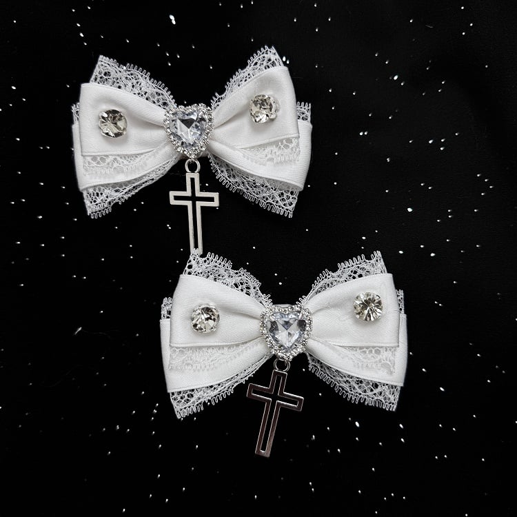 Jirai Kei Rhinestone Bow Hair Clips with Cross Charm