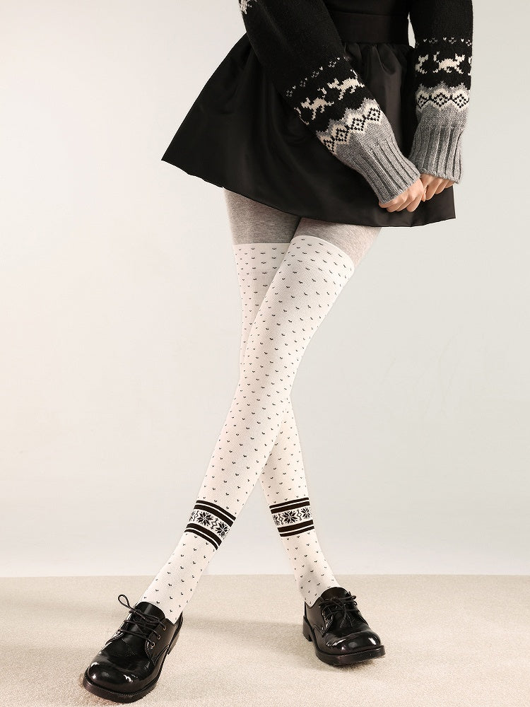 Over Dot White/Black Pattern and Knee Stockings Polka Warm Snowflake
