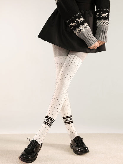 Over Dot White/Black Pattern and Knee Stockings Polka Warm Snowflake