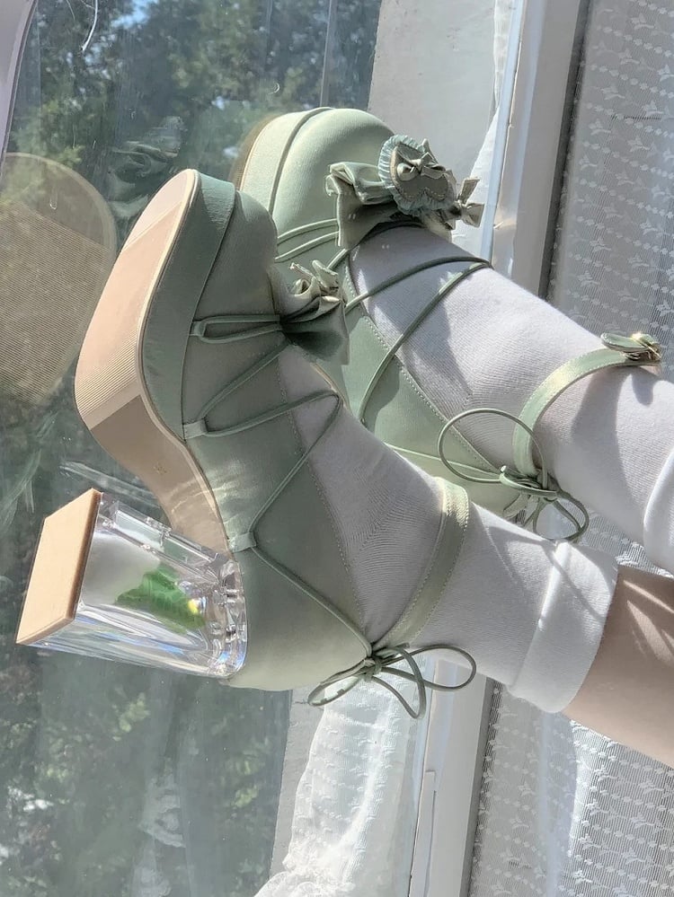 with Green Bow PU - Janes Leather Floral High-heel Mary Lolita Elegant