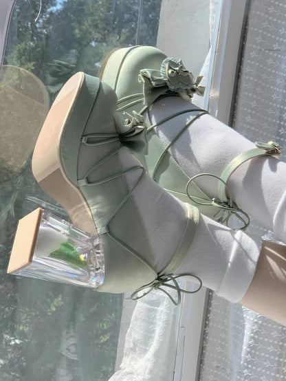 with Green Bow PU - Janes Leather Floral High-heel Mary Lolita Elegant