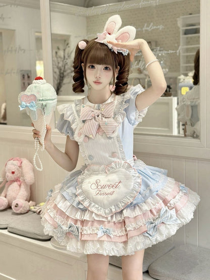 Lolita Blue Bunny Pink Maid und Puff Ärmeln Kleid Süße
