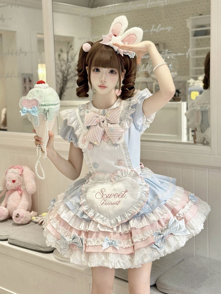 Kleid mit Hasenmotiv und blauen Ärmeln, Dienstmädchen-Puffärmel, süßes Lolita-Rosa