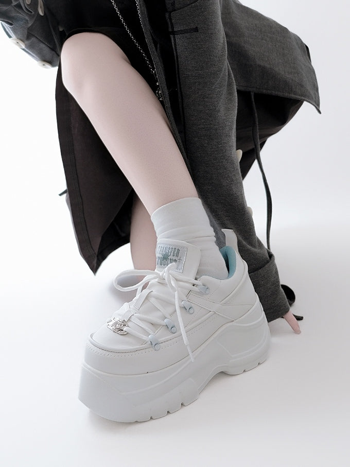 Leather Kei Sneakers in Classic Matte White Platform Lacing with PU System Jirai