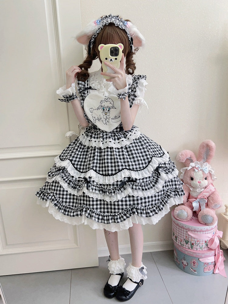 Bow Cute Black Only Back Dress JSK Multi-Layered Pattern Gingham + Lolita / Ruffle