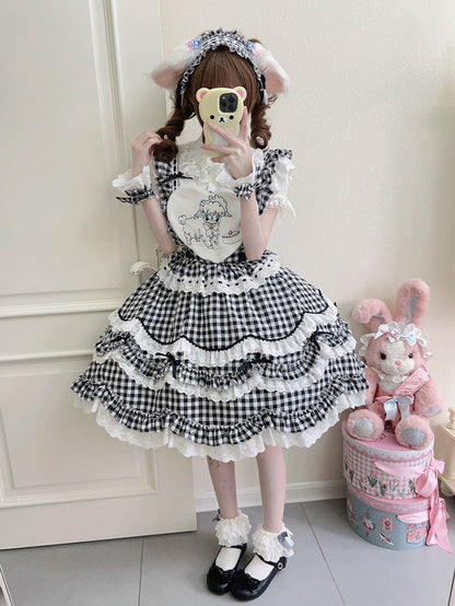 Bow Cute Black Only Back Dress JSK Multi-Layered Pattern Gingham + Lolita / Ruffle