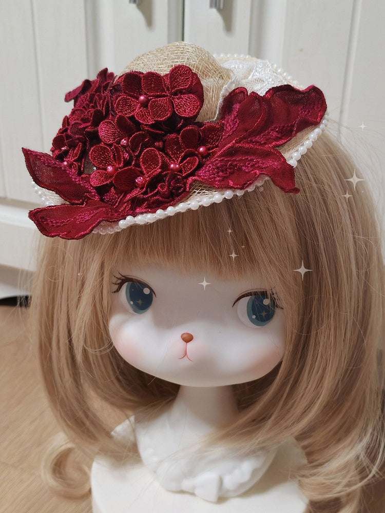 Hat Flower Straw Pearl Clips Red Lolita With Mini Wine