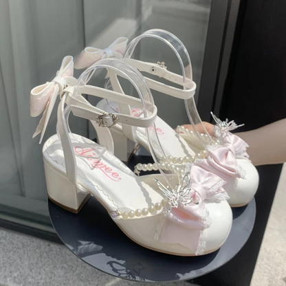 Chain Lolita Bow Shoes Detachable Sweet White Bead Jane Mary Accents and