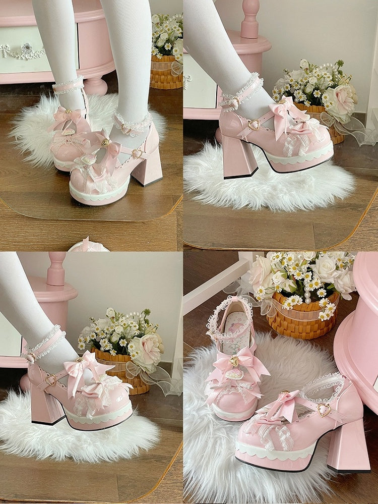 Accents Lolita Decor Pink Decorative Heart Heel Snap in Bow Sweet PU Strawberry Janes Block High Mary