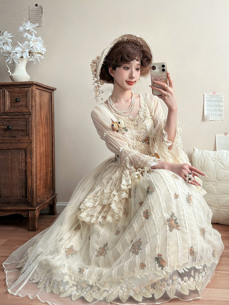 Apricot Floral Embroidered Lace Elegant Classic Lolita JSK Dress With Overlay