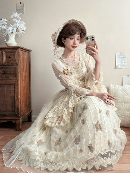 Apricot Floral Embroidered Lace Elegant Classic Lolita JSK Dress With Overlay