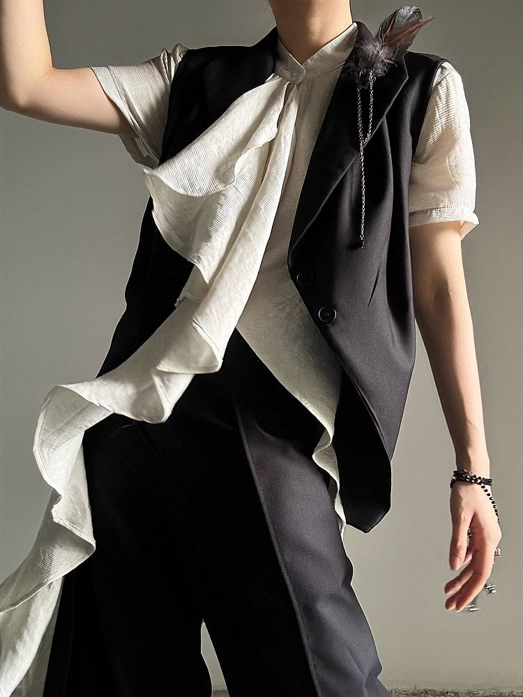 Princely Feather Brooch Notched Black Collar Set Waistcoat Style -