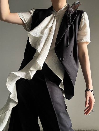 Princely Feather Brooch Notched Black Collar Set Waistcoat Style -