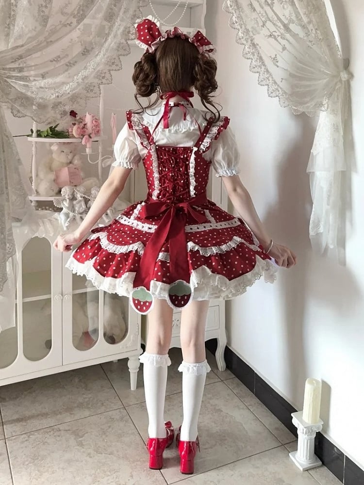 and Details Themed Lace JSK Dot Strawberry Lolita with Vintage Dress Bow Red Polka