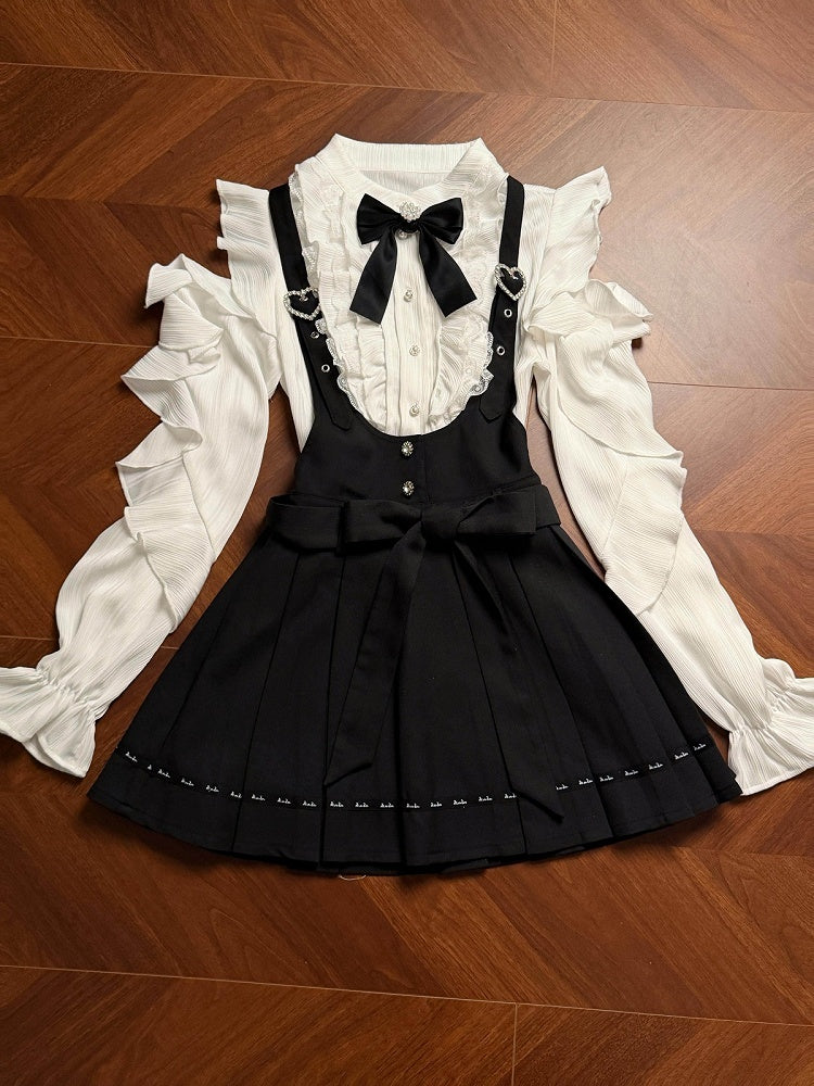 Kei Details Cutout White With Bow Ruffle Shoulder Overall Skirt Long Black Pleated Sleeve Blouse Jirai Lace Set +