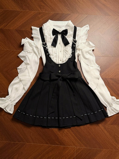 Kei Details Cutout White With Bow Ruffle Shoulder Overall Skirt Long Black Pleated Sleeve Blouse Jirai Lace Set +