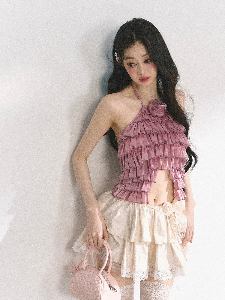 Halter Neck Top Apricot/Pink Decorated Tiered Ruffles Floral