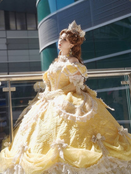 Lolita Layered Gown Lace Yellow Version and with Long Hanayome Ruffles Bow Hime Details Off-Shoulder