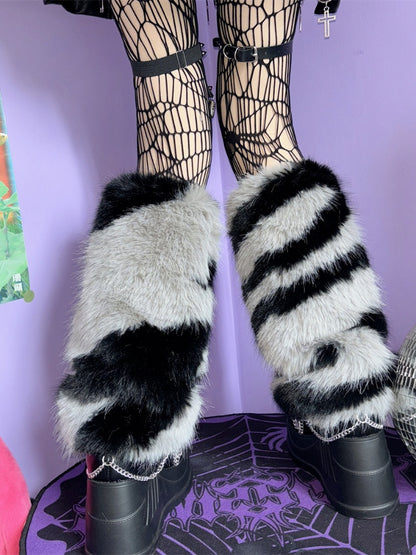 ベージュ/グレー Y2K ゼブラストライプ柄 40CM レッグウォーマー