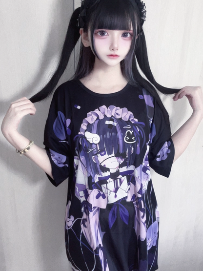 T-shirt Dark Otaku Aesthetic Black Kawaii Round Neck /White with Yami Anime Print 