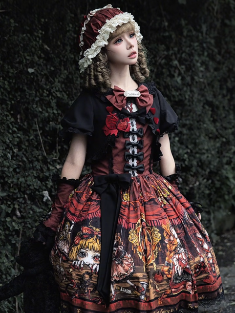 Red Shoes Story Black Red Faux Two-Piece Lolita OP Gown with Bows - Forest Fairy Tales