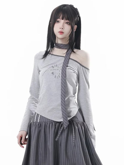 Gray Asymmetrical Neckline and Hem Long Sleeve Top