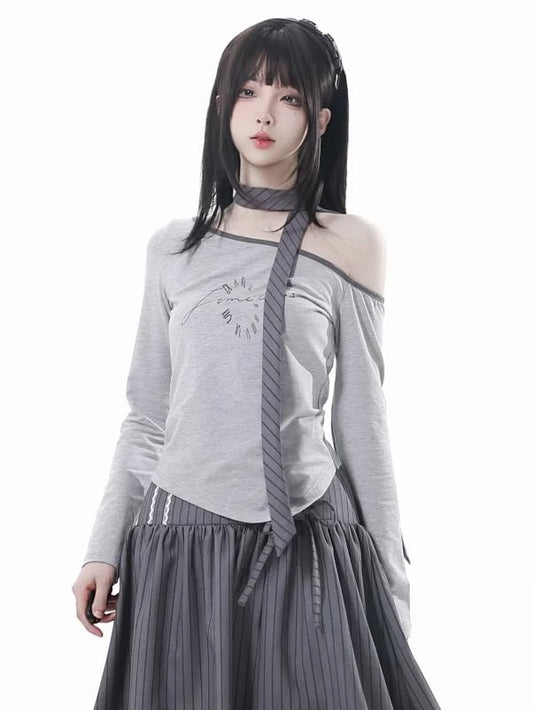 Gray Asymmetrical Neckline and Hem Long Sleeve Top
