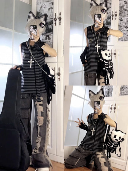 with Raw Black Jeans Distressed Faded Multi-Pockets Wash Hem