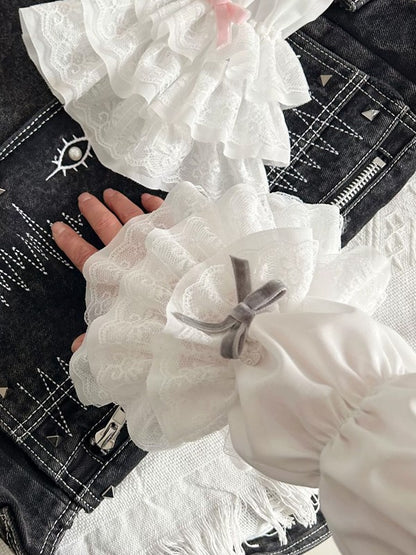 Lace Hollow-out Cuffs White Bowknot Gray/Pink/Black Sleeves Tiered Lolita With Details